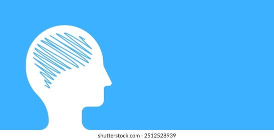 Human head silhouette with brain or sketch style clutter mind and line art brain vector illustration. brain or human head on the blue banner or background mental health or brain therapy illustration