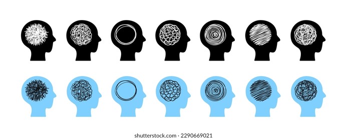 Human head silhouette with brain as tangled messy single line