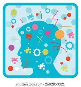 Human head silhouette with colorful elements. Concept of mental health, thinking process, solving problems, searching solution. Flat vector illustration