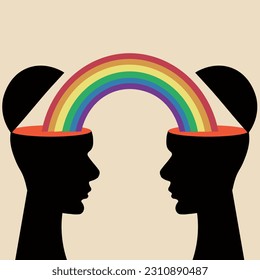 Human Head Silhouette with colorful Rainbow between them isolated on light background. Relationships and empathy concept. Vector Art. Square poster. Retro style. 60's 