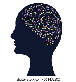 Human head silhouette with complex brain structure