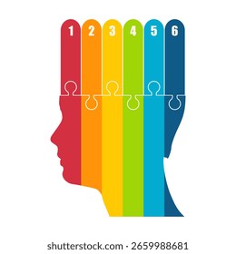 Silueta de la cabeza humana. Concepto de seis características u opción de proyecto a seleccionar. Ilustración infográfica mínima para visualización de información de negocios y ciencia.