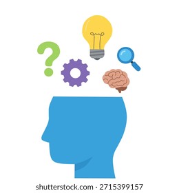 Silueta de cabeza humana con iconos de creatividad como bombilla, cerebro, equipo, signo de interrogación y lupa, que representan el pensamiento, la resolución de problemas, la innovación y las ideas