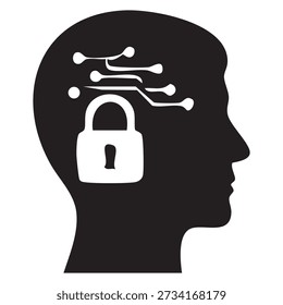 Human head silhouette with digital circuits and a padlock