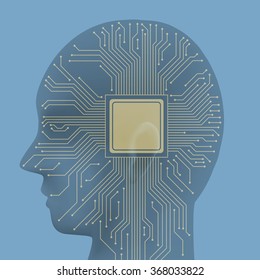 human head silhouette and electric circuit, vector illustration