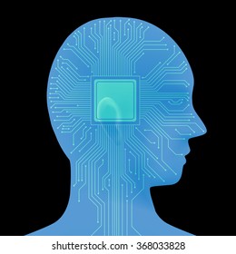human head silhouette and electric circuit, vector illustration