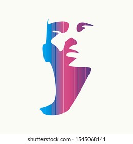 Human head silhouette. Face front view. Elegant silhouette of part of human face textured by horizontal lines.