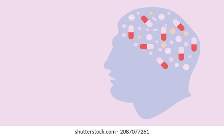 Human head silhouette filled with pills. Mental health treatment, healthcare and medication. Isolated vector illustration.