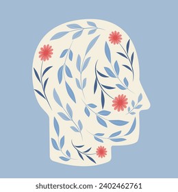 Human head silhouette with flowers. Mental health. Peace of mind and emotional balance