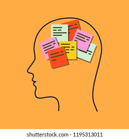 human head silhouette and flying post it memory concept