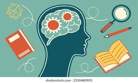 Uma silhueta de cabeça humana com engrenagens dentro do cérebro simboliza aprendizagem, pensamento crítico e aquisição de conhecimento. Lupa, lápis e livros reforçam o tema educacional.