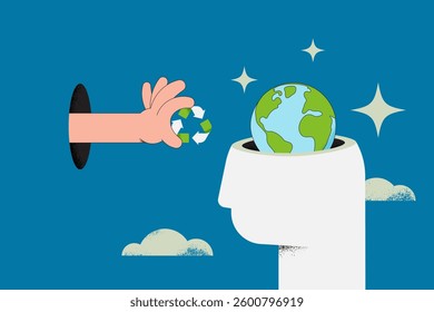 Human head silhouette and hand give recycle symbol to the head with Earth Globe. The concept of sustainable development for business, ecology and environment. Flat vector illustration.