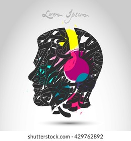 Human head silhouette with headphones logo / label / icon isolated on abstract background