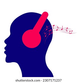 Human head silhouette, with headphones on, music flow, vector illustration.