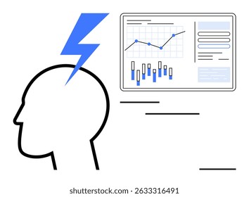 Human head silhouette hit by lightning bolt next to data analysis screen with graphs and charts. Ideal for innovation, brainstorming, analytics, data science, business strategy, problem-solving
