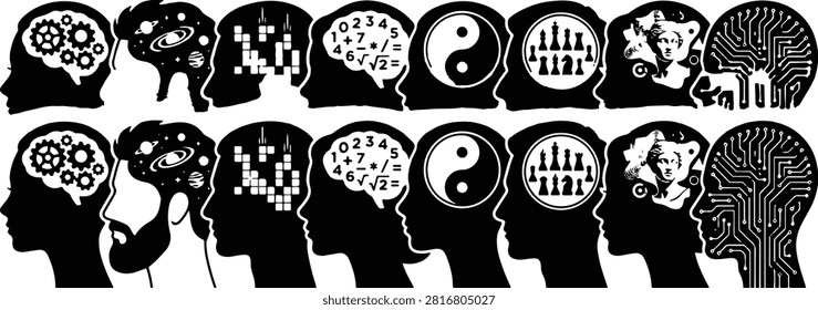 Human head silhouette icon set with gears, cosmic imagery, pixels, math formulas, yin‑yang, social groups, and circuits