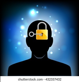 human head silhouette with key icon inside