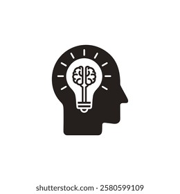 human head silhouette with Light bulb brain icon, thinking, innovation symbol isolated on white background, Human head with brain vector illustration