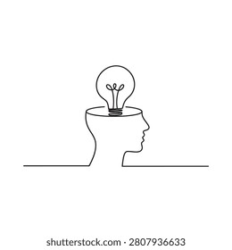 Human Head Silhouette With Lightbulb Black And White Line Drawing
