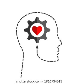 La silueta de la cabeza humana hecha de una línea punteada con el equipo y la forma del corazón en su interior como pensamiento positivo, inspiración, salud mental o concepto de inteligencia emocional