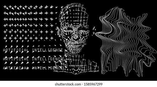 Human head silhouette made of particles on dark background. Artificial intelligence, neural network and deep learning concept. 