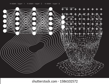 Human head silhouette made of particles on dark background. Artificial intelligence, neural network and deep learning concept. 