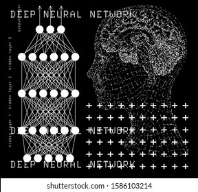 Human head silhouette made of particles on dark background. Artificial intelligence, neural network and deep learning concept. 