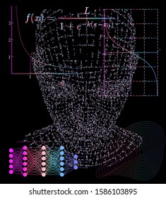 Human head silhouette made of particles on dark background. Artificial intelligence, neural network and deep learning concept. 