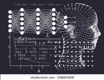 Human head silhouette made of particles and Neural Network scheme.  Modern futuristic poster for Artificial intelligence or Data Science Hackathon.