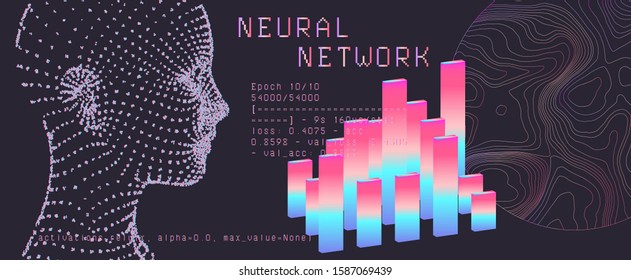 Human head silhouette made of particles and histogram plot.  Modern futuristic poster for Artificial intelligence or Data Science Hackathon.
