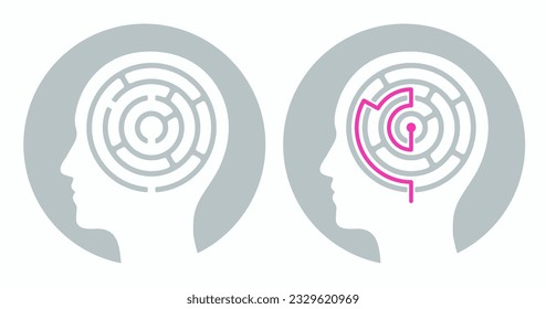 Menschliche Kopfsilhouette mit Labyrinth und Lösung. Lösung von Geistesproblemen mit Psychologie. Vektorgrafik, Symbol oder Logo