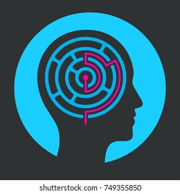 Human head silhouette with maze and solution. Solving problems of mind with psychology. Vector illustration, icon or logo.