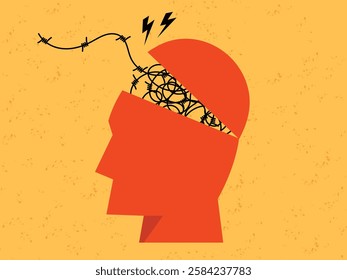 Human head silhouette with messy barbed wire line of thought, ADHD Attention disorder, mental disorder