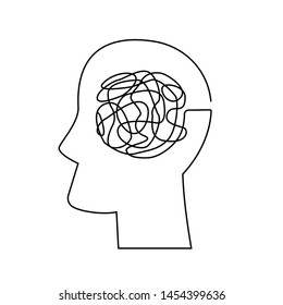 Human head silhouette  with messy line knot inside. Anxiety, depression, stress, etc. concept