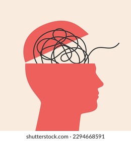 Human head silhouette with messy lines show concept of mental disorder, ADHD, attention disorder, anxiety stress in brain, overload in mind, mental health, or confused feelings. Vector illustration