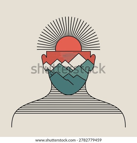 Human head silhouette with mountain landscape and rising sun