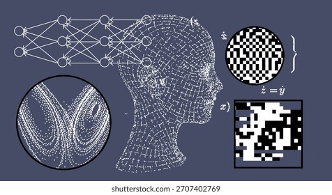 Silueta de la cabeza humana y nodos de red neuronal con patrones de datos ruidosos. Ilustración vectorial conceptual para inteligencia artificial, cognición hombre-máquina, procesamiento neuronal, reconocimiento de patrones.