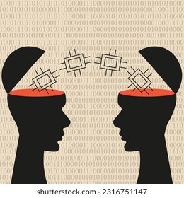 Human Head Silhouette with open brain against binary code background with microchip between them isolated on light backdrop. Knowledge sharing. Mental Connection of programmers. Vector Art. 
