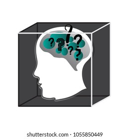 Human head silhouette with question marks symbolizes thinking process vector illustration. Can be used as logo icon.