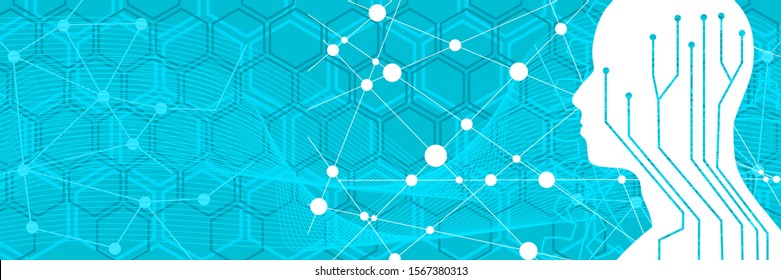 Human head silhouette. Robotics industry relative image. Molecule and communication technology background. Connected lines with dots. Abstract circuit scheme