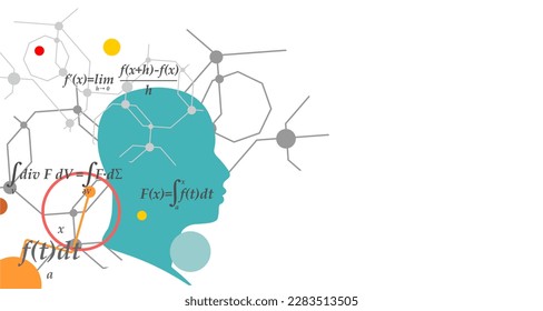 Human head silhouette. Robotics industry and technology background. Connected lines with dots pattern with math formula.