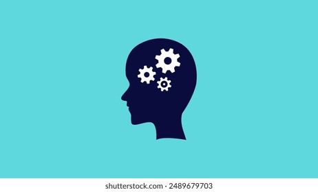 Human head silhouette with rotating gear icon animation.