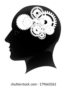 Human head silhouette with set of gears