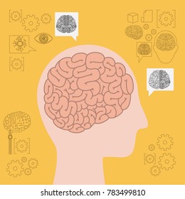 human head silhouette side view with brain in yellow background
