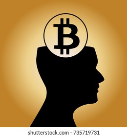 Human head silhouette  with sign of bitcoin inside on shiny golden background. Vector illustration, icon, emblem. 