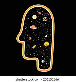 Human head silhouette with space cosmos inside. Vector abstract hand drawn cartoon illustration.Human head,mind,creative dream,conscious,mindfulness print for t-shirt,poster,card,sticker concept