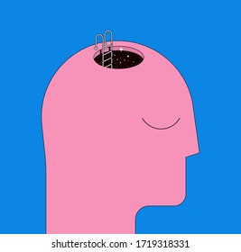 Human head silhouette with staircase to the head. Psychotherapy mental health concept, or inner space concept. Trendy flat styled vector illustration.