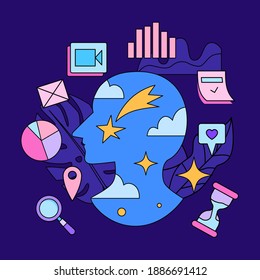 Human head silhouette with stars and clouds surrounded by graphics, pictogramms and icons . Creative mind , time management, thinking concept for web banner, website page, poster etc.