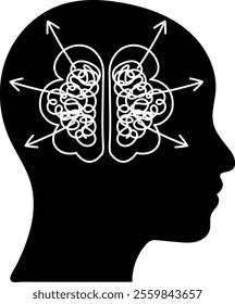  Human Head Silhouette with Tangled Brain and Arrows Symbolizing Thoughts