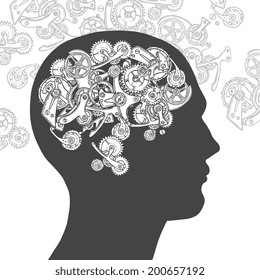 Human head silhouette thinking man with gears and cogwheels poster vector illustration